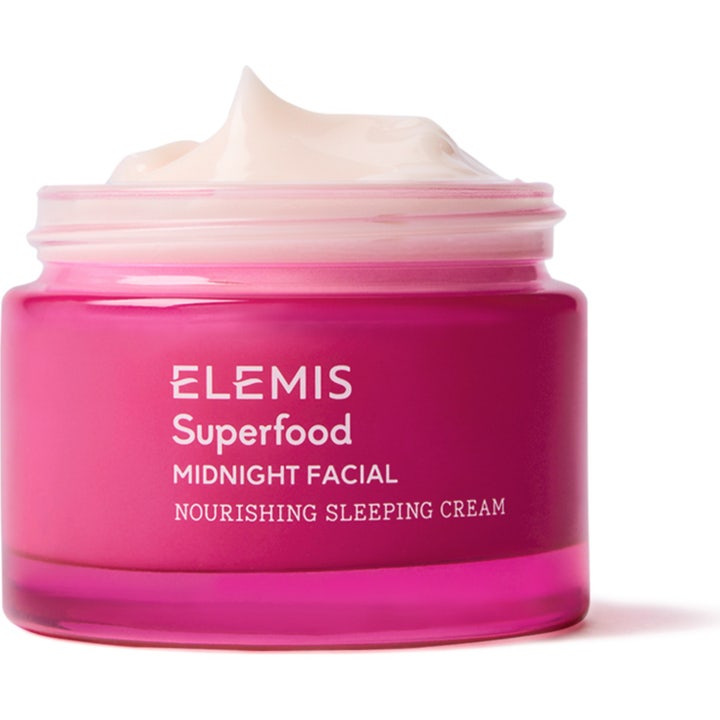 Elemis Superfood Midnight Facial 50 ml nærende natcreme i lilla glaskrukke med en cremet lyserød tekstur