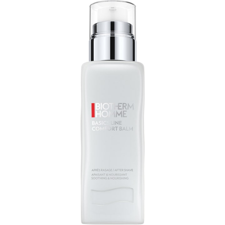 Biotherm Homme Basics Line Comfort Balm 75ml beroligende aftershave i hvid flaske med sølvpumpe og klart låg