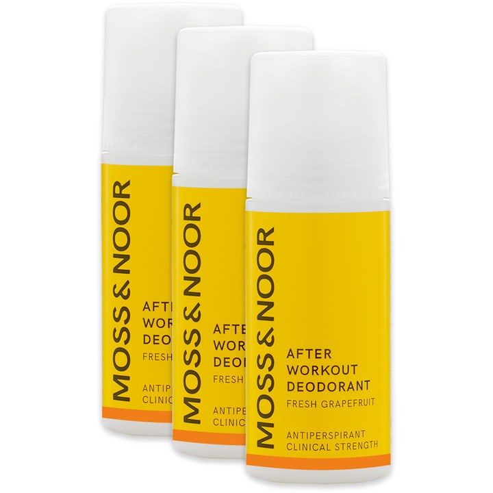 Moss & Noor After Workout Deodorant Fresh Grapefruit 3 stk effektiv antiperspirant i hvide flasker med gule etiketter