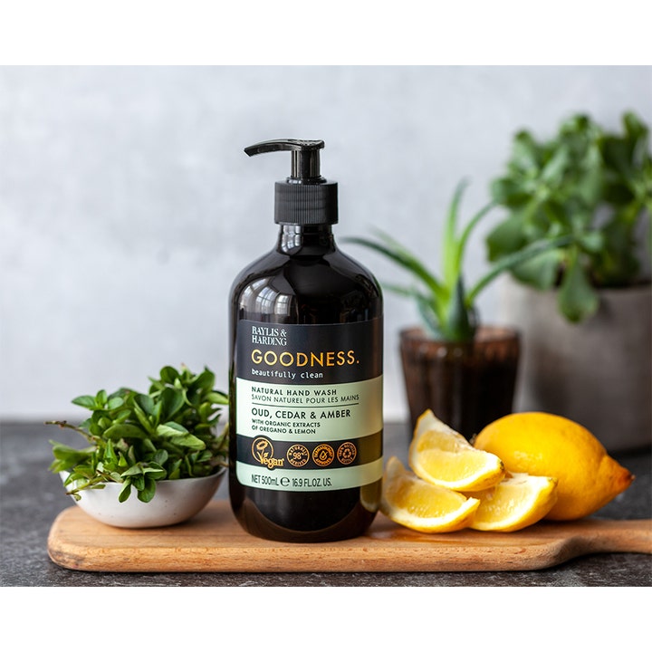 Baylis & Harding Goodness Hand Wash 500 ml i mørk flaske med pumpe omgivet af friske citroner og urter