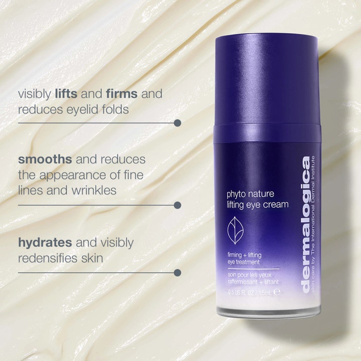 Dermalogica Phyto Nature Lifting Eye Cream 15 ml opstrammende øjencreme i lilla flaske mod en cremet hvid tekstur