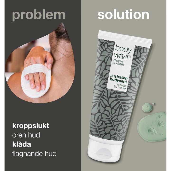 Australian Bodycare Body Wash 200 ml mod kropslugt og uren hud vist som en løsning i tube ved siden af en badesvamp