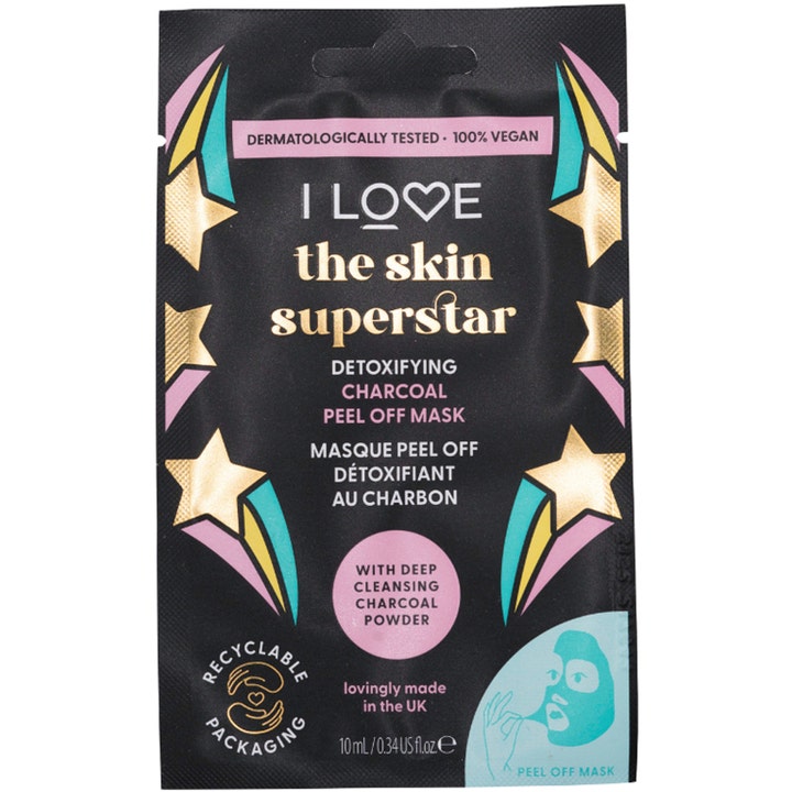 I Love the skin superstar 10 ml dybderensende peel off maske i sort emballage med guldstjerner og kul
