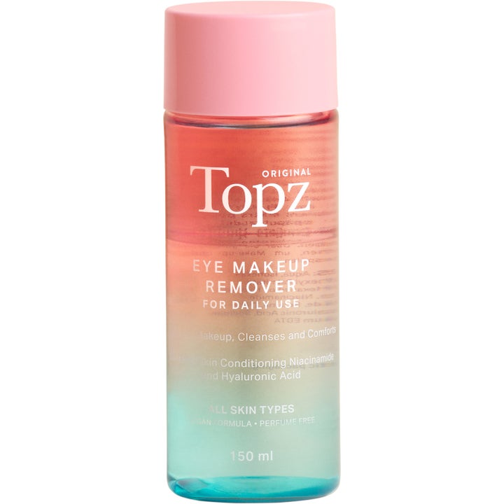 Topz Original Eye Makeup Remover 150 ml rensende ansigtspleje i gennemsigtig flaske med lyserødt låg