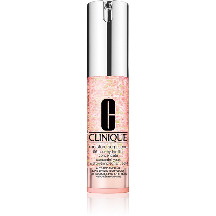 Clinique Moisture Surge Eye 96-hour hydro-filler concentrate fugtgivende øjencreme med lyserød gel og små perler.