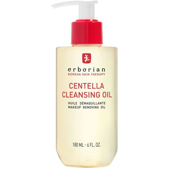 Erborian Centella Cleansing Oil 180 ml beroligende makeupfjerner i klar plastflaske med rød pumpe