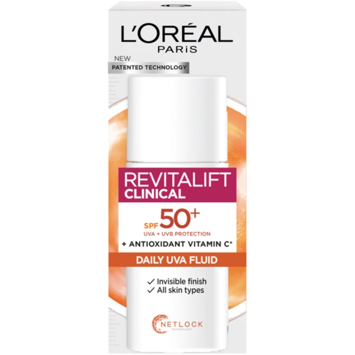 L'Oréal Paris Revitalift Clinical 50 ml solcreme med SPF 50+ og vitamin C i hvid flaske med rød tekst
