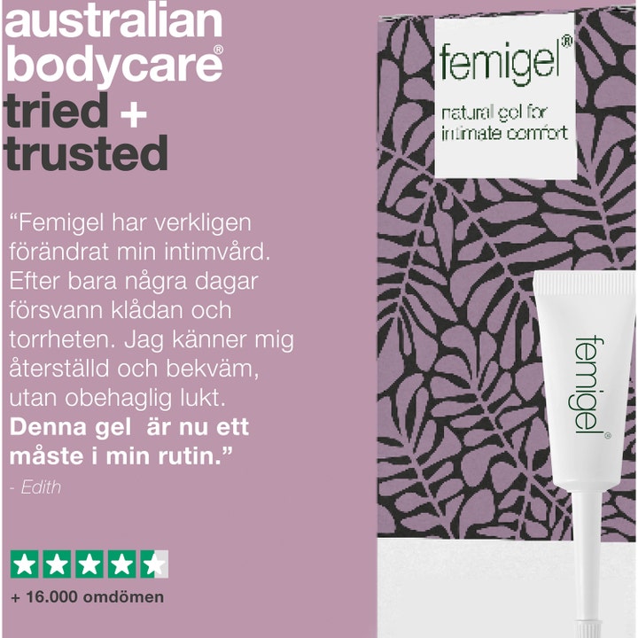 Australian Bodycare Femigel 25 ml mod intim kløe vist med hvid tube og lilla grafisk bladmotiv
