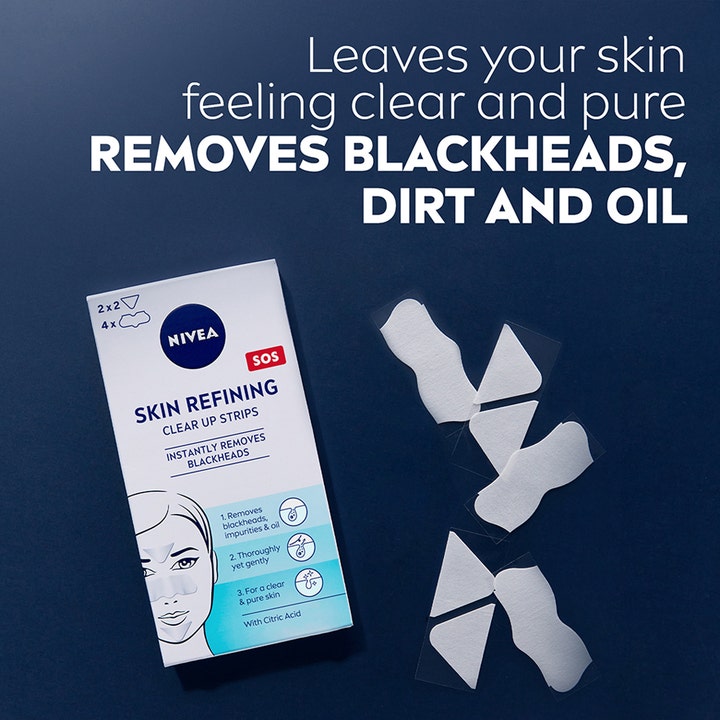 NIVEA Refining Clear-Up Strips 6st mod urenheder viser hvide plastre der fjerner hudorme og olie