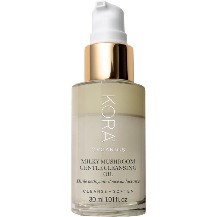 Kora Organics Milky Mushroom Gentle Cleansing Oil 30 ml blødgørende renseolie i glasflaske med guldhals og pumpe