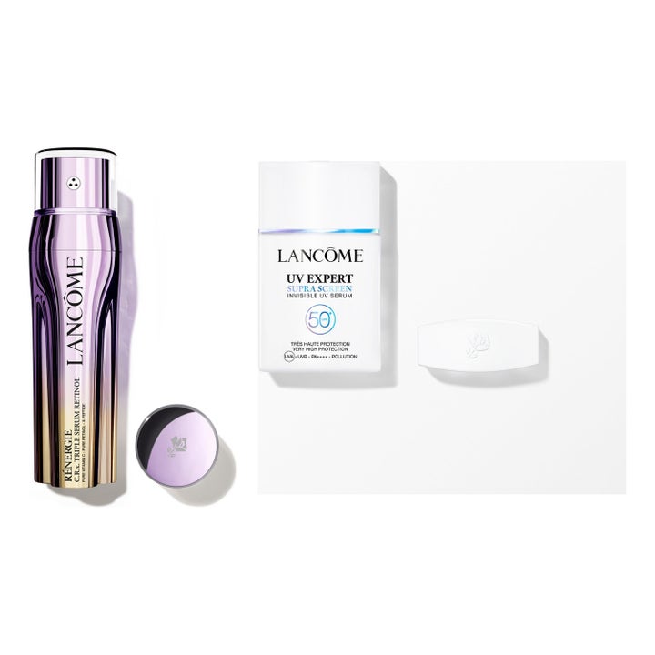 Lancôme Rénergie Triple Serum og UV Expert Supra Screen SPF50+ hudplejesæt med lilla og hvid emballage