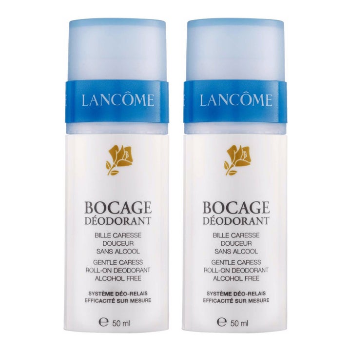 Lancôme Bocage Roll-On Deodorant 2 x 50 ml skånsom alkoholfri pleje i to hvide flasker med blåt låg og guldrose.