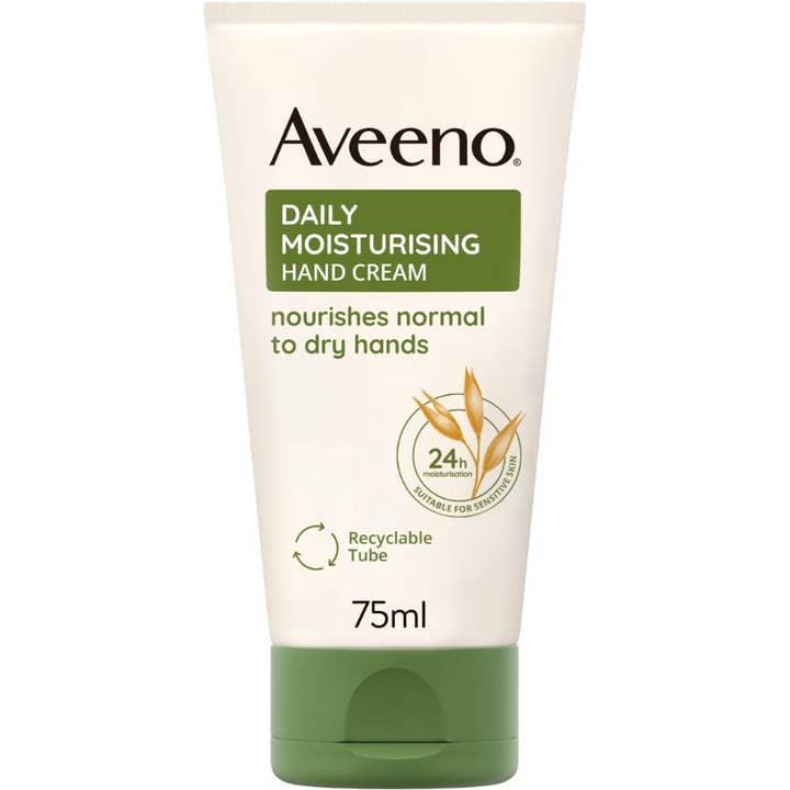 Aveeno Daily Moisturising Hand Cream 75ml fugtgivende håndcreme til tørre hænder i hvid tube med grønt låg og havremotiv