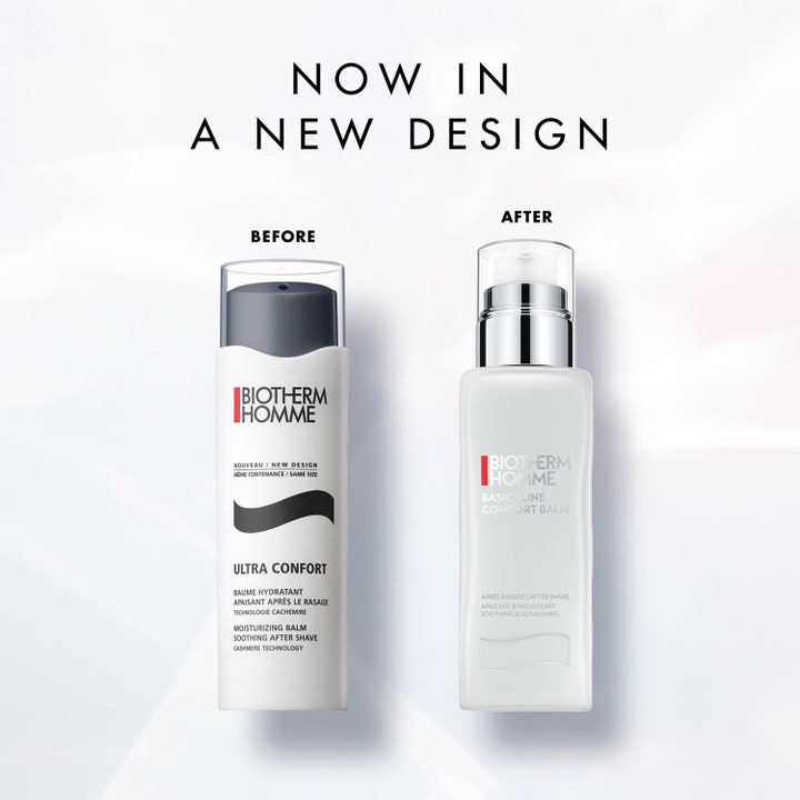 Biotherm Homme Ultra-Confort Balm 75 ml beroligende ansigtscreme i nyt design med elegant sølvpumpe og hvid flaske