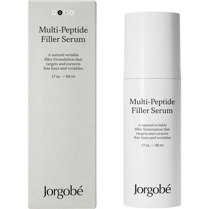 Jorgobé Multi-Peptide Filler Serum 50 ml rynkeudfyldende serum i hvid flaske og æske der udglatter huden