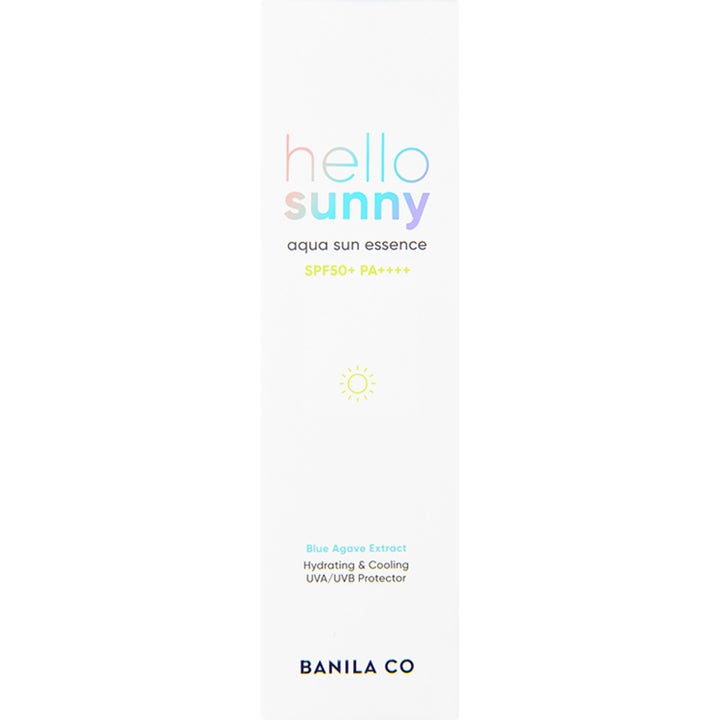 Banila Co Hello Sunny Aqua Sun Essence 50 ml kølende solcreme i hvid papæske med pastel tekst og SPF 50