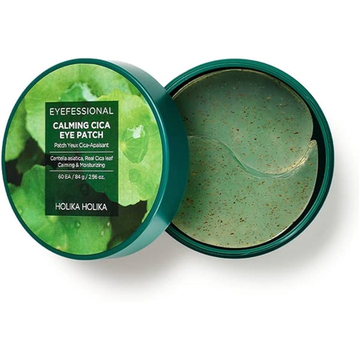 Holika Holika Eyeprofessional Calming Cica Eye Patch 60 stk beroligende øjenmasker i grøn krukke med hydrogel-patches.