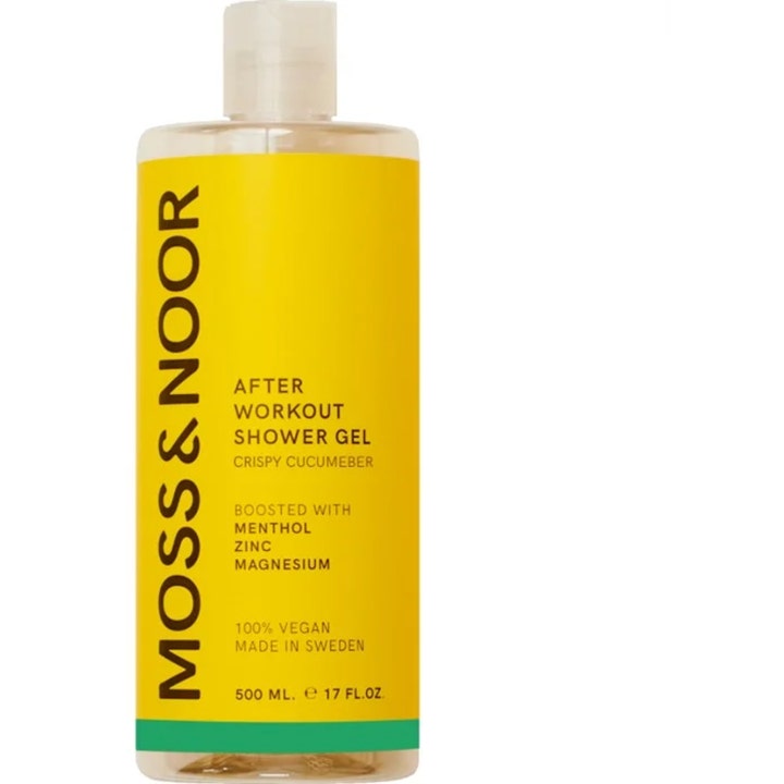 Moss & Noor After Workout Shower Gel 500 ml opfriskende kropsvask i gennemsigtig flaske med gul og grøn etiket