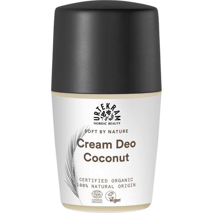Urtekram Cream Deo Coconut 50ml økologisk deodorant i hvid emballage med sort låg og fjerillustration.