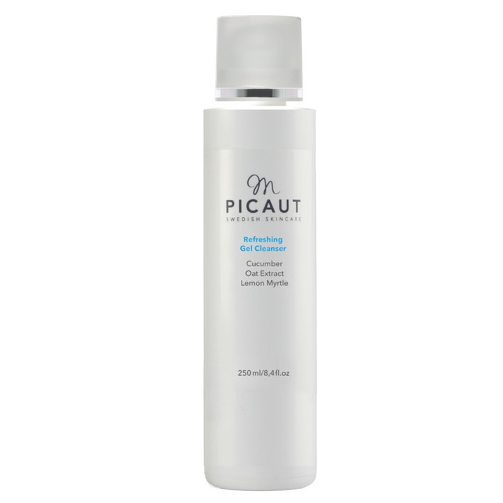 M Picaut Refreshing Gel Cleanser 250 ml opfriskende ansigtsrens i hvid flaske med gennemsigtigt låg