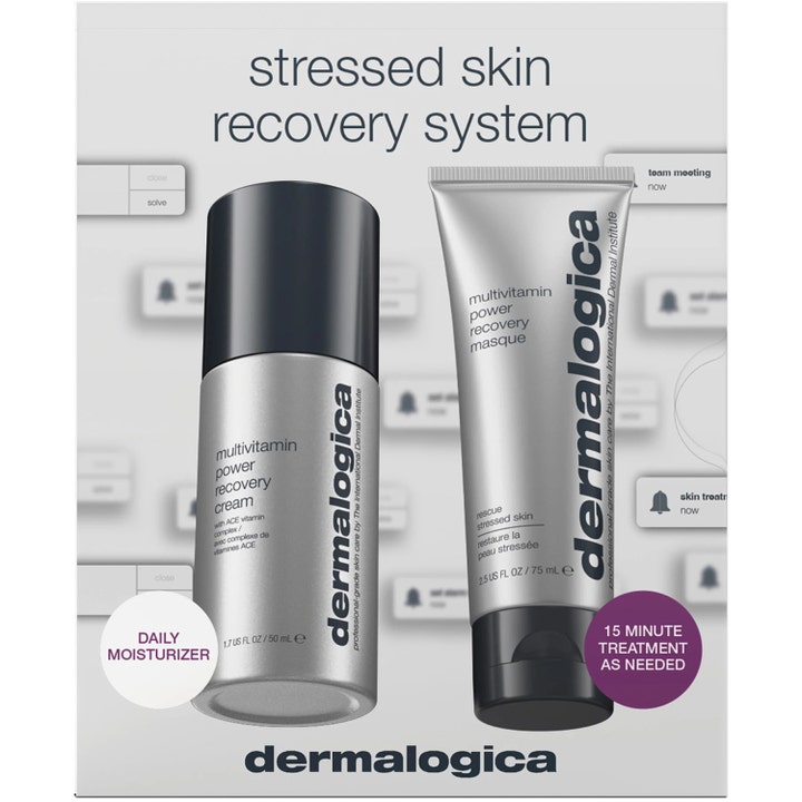Dermalogica Stressed Skin Recovery System 50 ml og 75 ml fugtgivende sæt i sølvfarvet pumpeflaske og tube med sorte låg