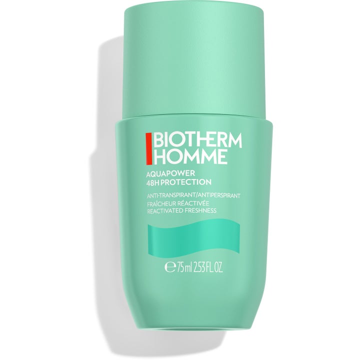 Biotherm Homme Aquapower 48H Protection 75 ml antiperspirant der giver friskhed i en mat lysegrøn roll-on flaske.