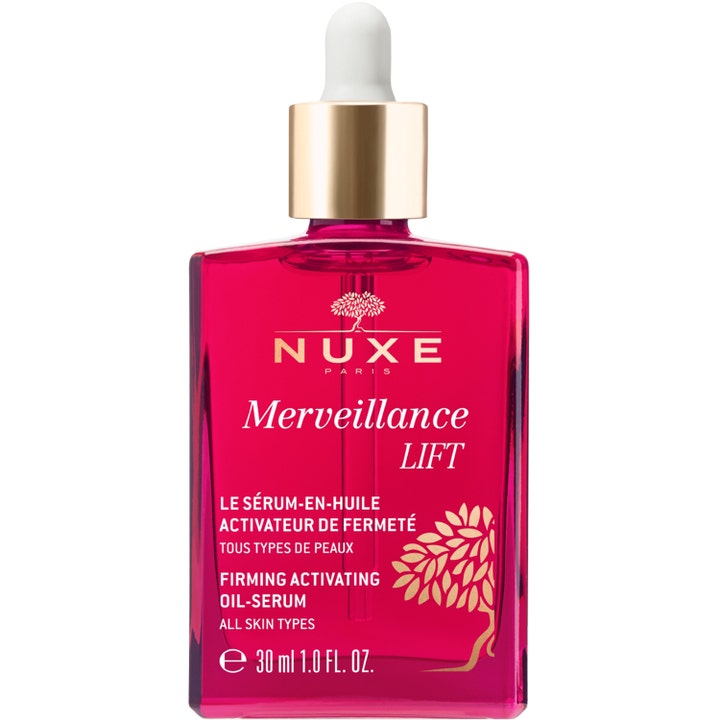 NUXE Merveillance LIFT 30 ml opstrammende olieserum i en hindbærrød glasflaske med guldlåg og hvid pipette.