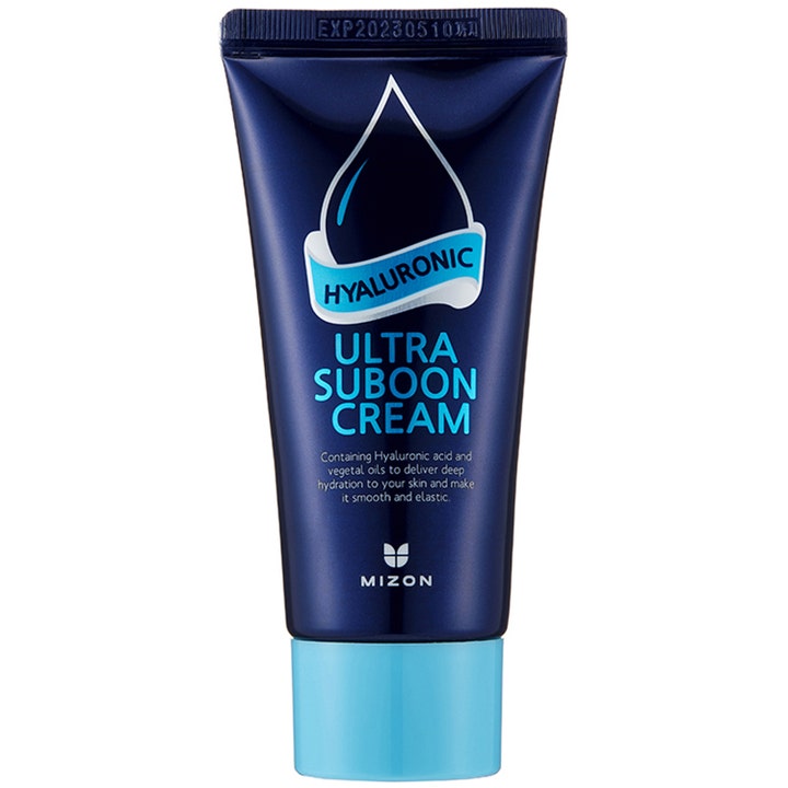 Mizon Hyaluronic Ultra Suboon Cream fugtgivende ansigtscreme i mørkeblå tube med lyseblåt låg og vanddråbe