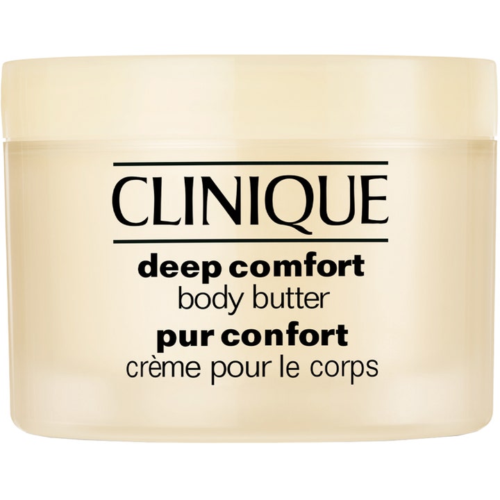 Clinique Deep Comfort Body Butter 200 ml fugtgivende kropscreme i en lys gul plastikkrukke med sort tekst.