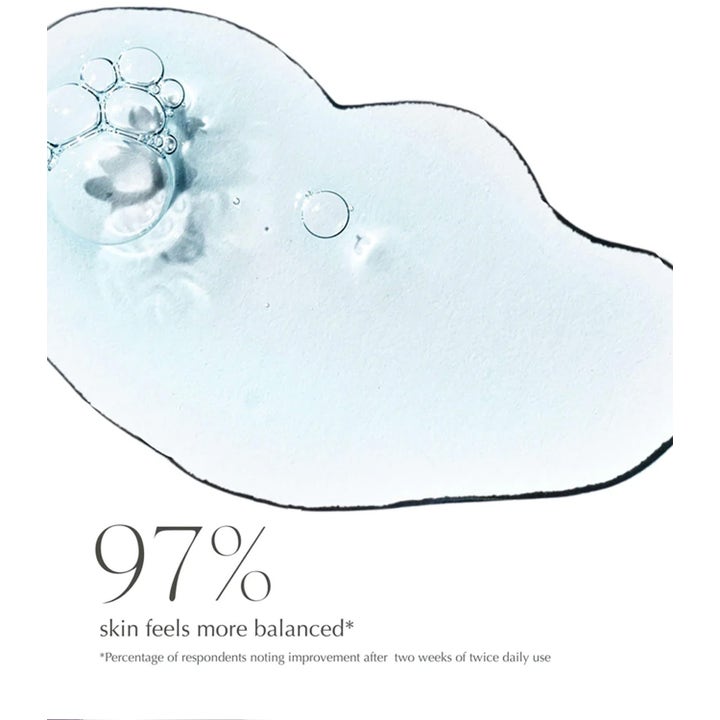 Exuviance HydraPrep pH Balance Toner 200 ml balancerende toner med klar flydende tekstur bobler og tekst om 97% balance