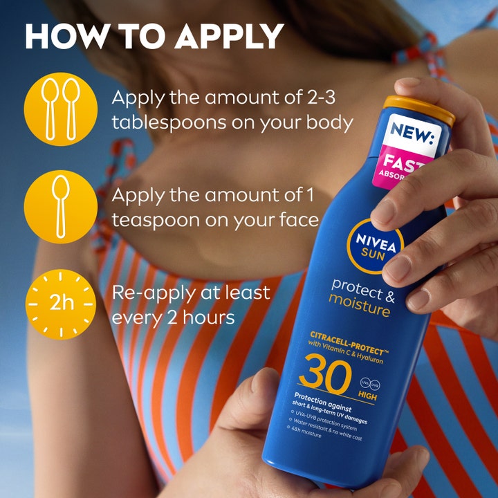 NIVEA Protect & Moisture Sun Lotion 200 ml solcreme med SPF 30 instruerer i påføring med ikoner af skeer og ur