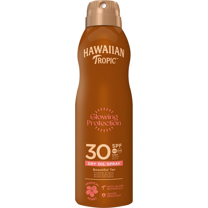 Hawaiian Tropic Glowing Protection Dry Oil Spray SPF 30 sololie i brun sprayflaske der giver glød