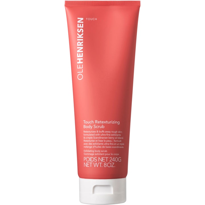 Olehenriksen Touch Retexturizing Body Scrub 240g eksfolierende kropspleje i koralfarvet tube med hvidt låg