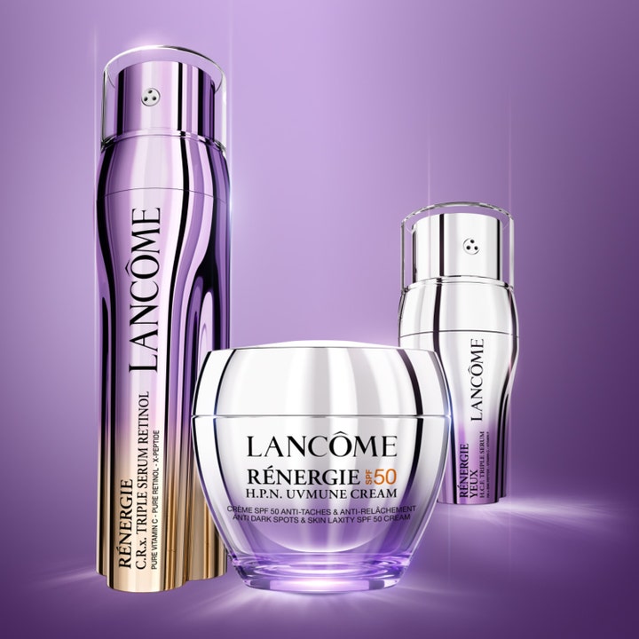 Lancôme Rénergie H.P.N. UVMUNE Cream 50 ml opstrammende dagcreme i sølvfarvet krukke på lilla baggrund.