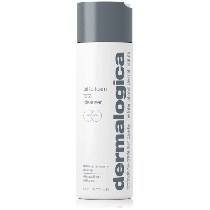 Dermalogica Oil to Foam Total Cleanser 250 ml ansigtsrens i hvid plastflaske med gråt låg