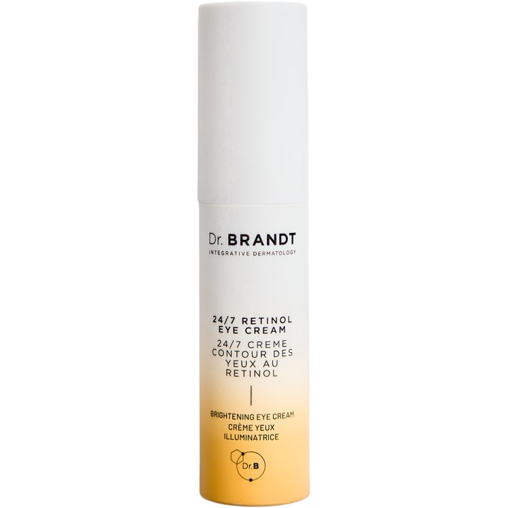 Dr. Brandt 24/7 Retinol Eye Cream lysnende øjencreme i en cylinderformet hvid flaske med orange gradient