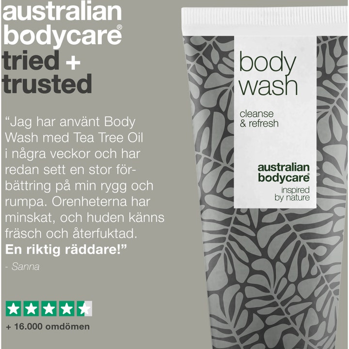 Australian Bodycare Body Wash Lemon Myrtle 200 ml kropssæbe med tea tree oil vist med kundeanmeldelse og stjerner