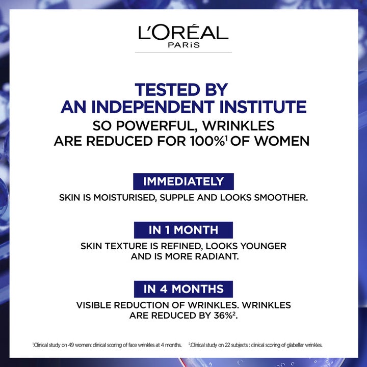 L'Oréal Paris Laser Pure Retinol Night Serum 30 ml natserum med infografik om klinisk testede rynkeresultater
