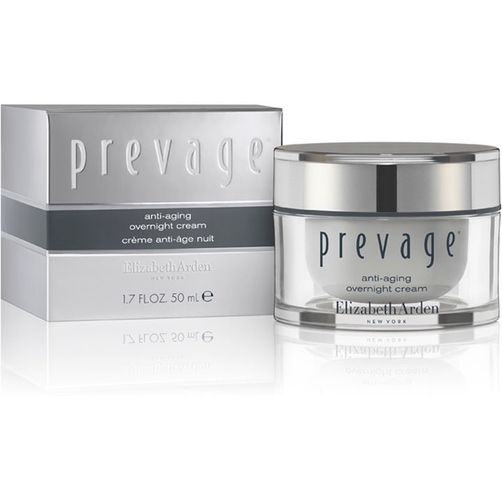 Elizabeth Arden Prevage Anti-aging Overnight Cream 50 ml natcreme i sølvfarvet krukke med matchende æske.