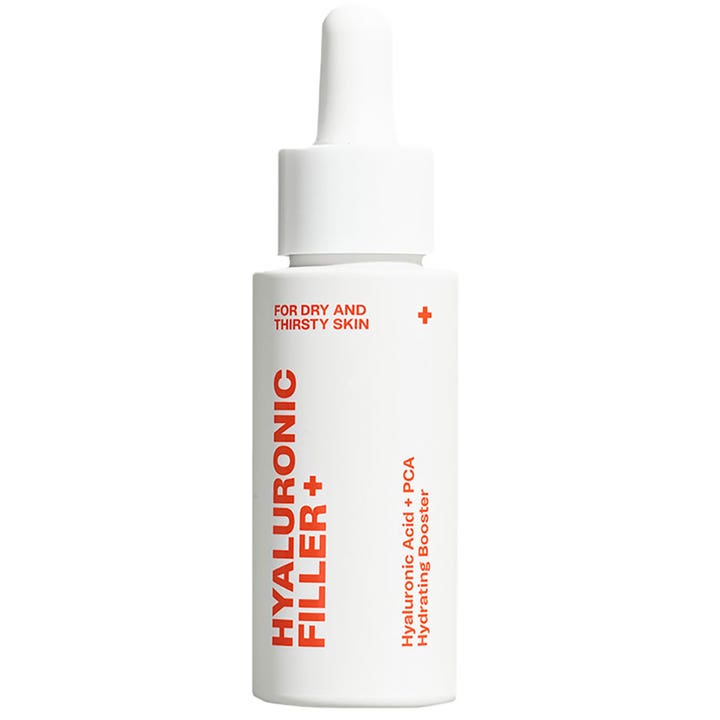 Emma S. Hyaluronic Filler + 30 ml fugtgivende serum med hyaluronsyre i hvid flaske med orange tekst og pipette.