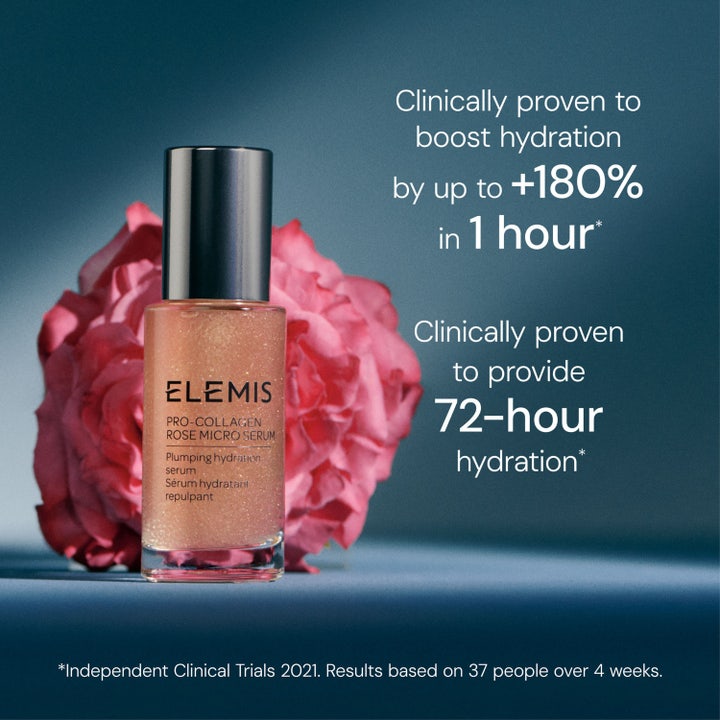 Elemis Pro-Collagen Rose Micro Serum 30 ml fugtgivende serum i glasflaske foran en rose med tekst om 72 timers hydrering