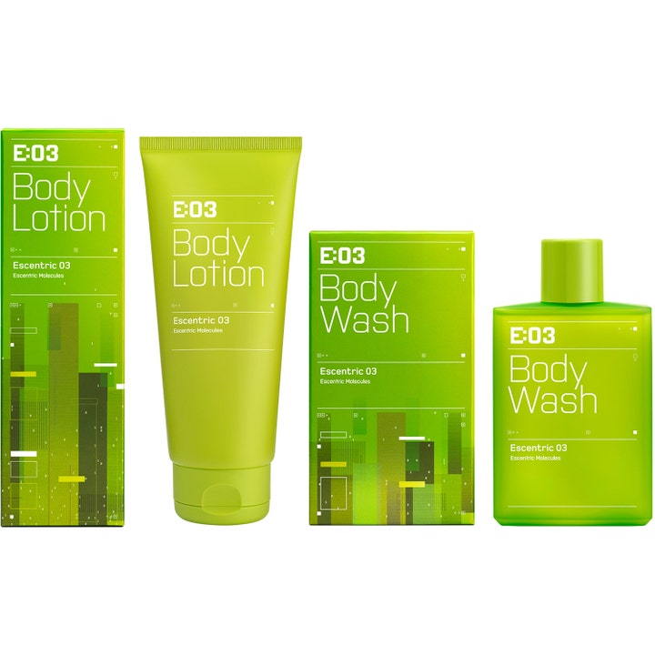 Escentric Molecules Escentric 03 Body Lotion 200 ml fugtgivende kropspleje i limegrøn tube og kasse med Body Wash
