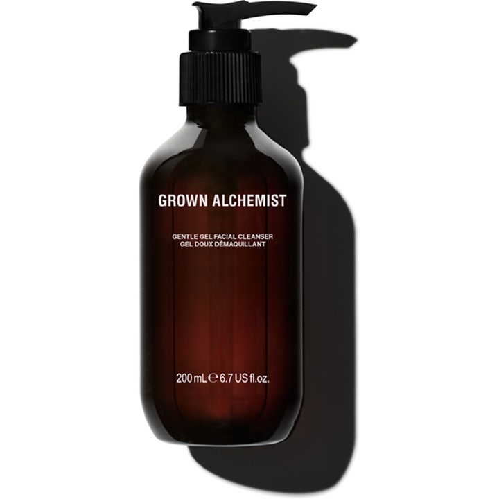 Grown Alchemist Gentle Gel Facial Cleanser 200 ml mild ansigtsrens i mørkebrun apotekerflaske med sort pumpe