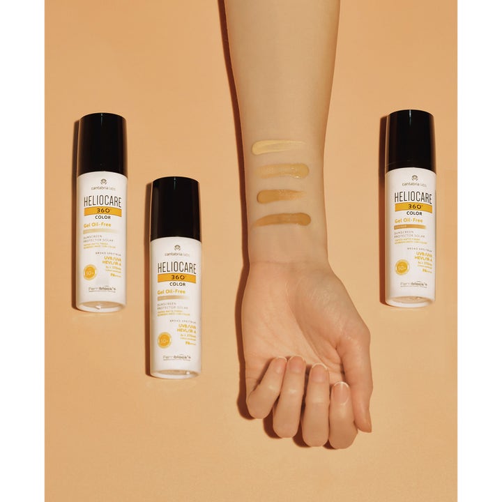 Heliocare 360 Color Gel Oil-Free 50 ml solcreme viser cremede swatches i forskellige nuancer på huden.