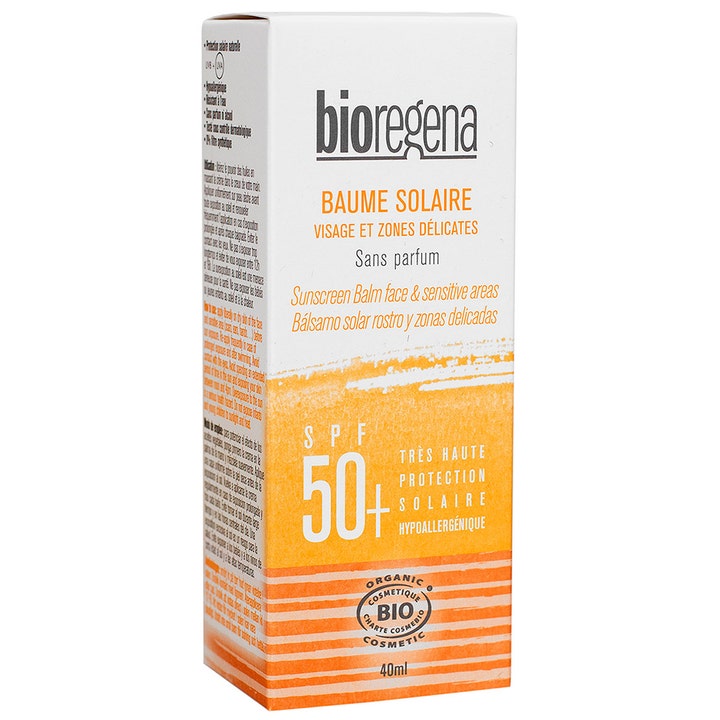 Bioregena Sunscreen Balm Face 40 ml solcreme til ansigtet i hvid og orange papæske med SPF 50+
