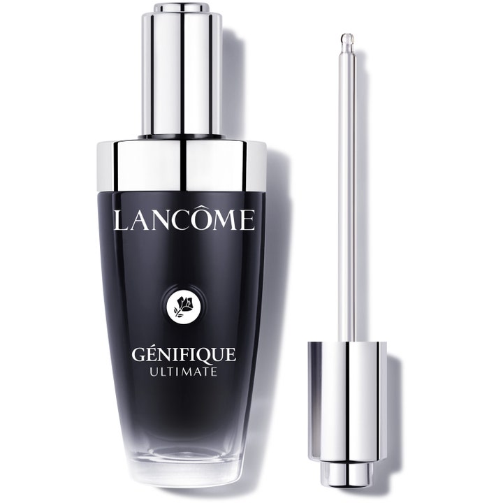 Lancôme Génifique Ultimate 50 ml reparerende ansigtsserum i sort glasflaske med sølvdetaljer og glaspipette