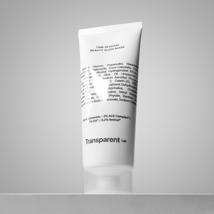 Niche Beauty Lab Transparent Lab Time Reverse Beauty Sleep Mask 75 ml natmaske i hvid tube med retinol og niacinamid