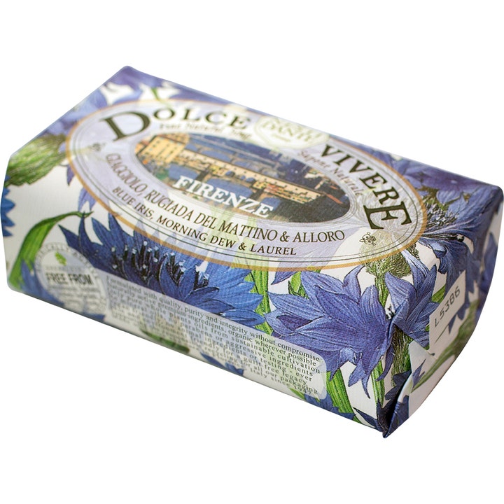 Nesti Dante Dolce Vivere Firenze 250g fast sæbe giver pleje i papirindpakning med blå iris og bymotiv