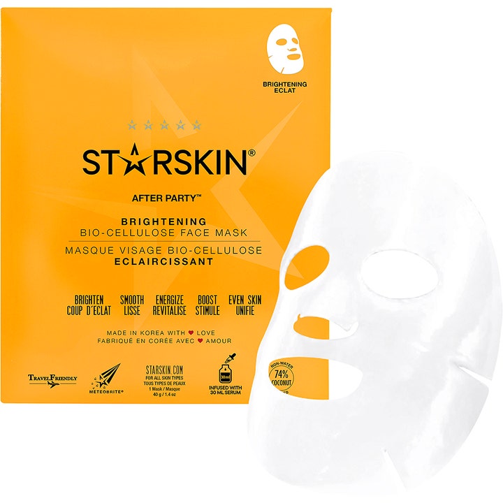 Starskin After Party Brightening Bio-Cellulose Face Mask 1 stk glødgivende ansigtsmaske i gul indpakning med hvid sheet maske