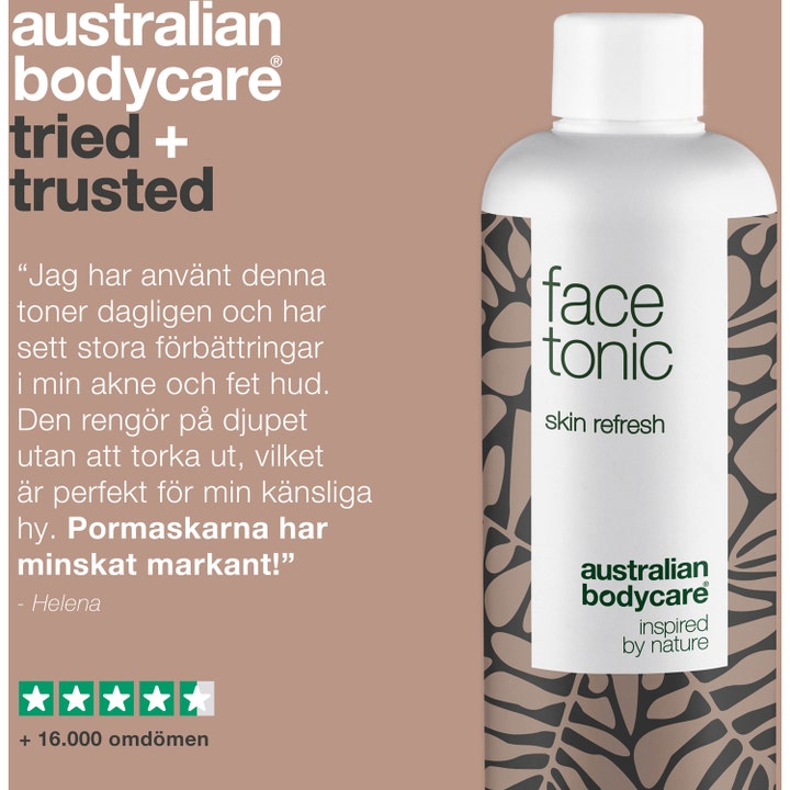 Australian Bodycare Face Tonic 150 ml toner mod urenheder i hvid flaske med en kundeanmeldelse og fem stjerner.